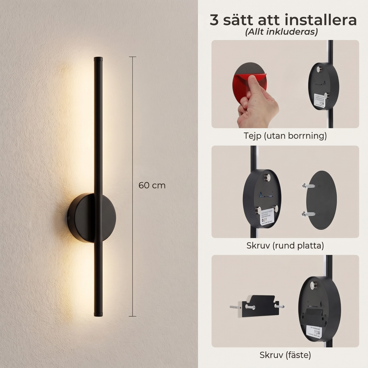 Det følger med Linea: lampe, magnetplade, fjernbetjening, tape, skruer og USB-C-kabel