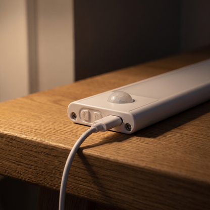 USB-C-kabel sat i Lyras endestykke, bevægelsessensoren ses ved siden af