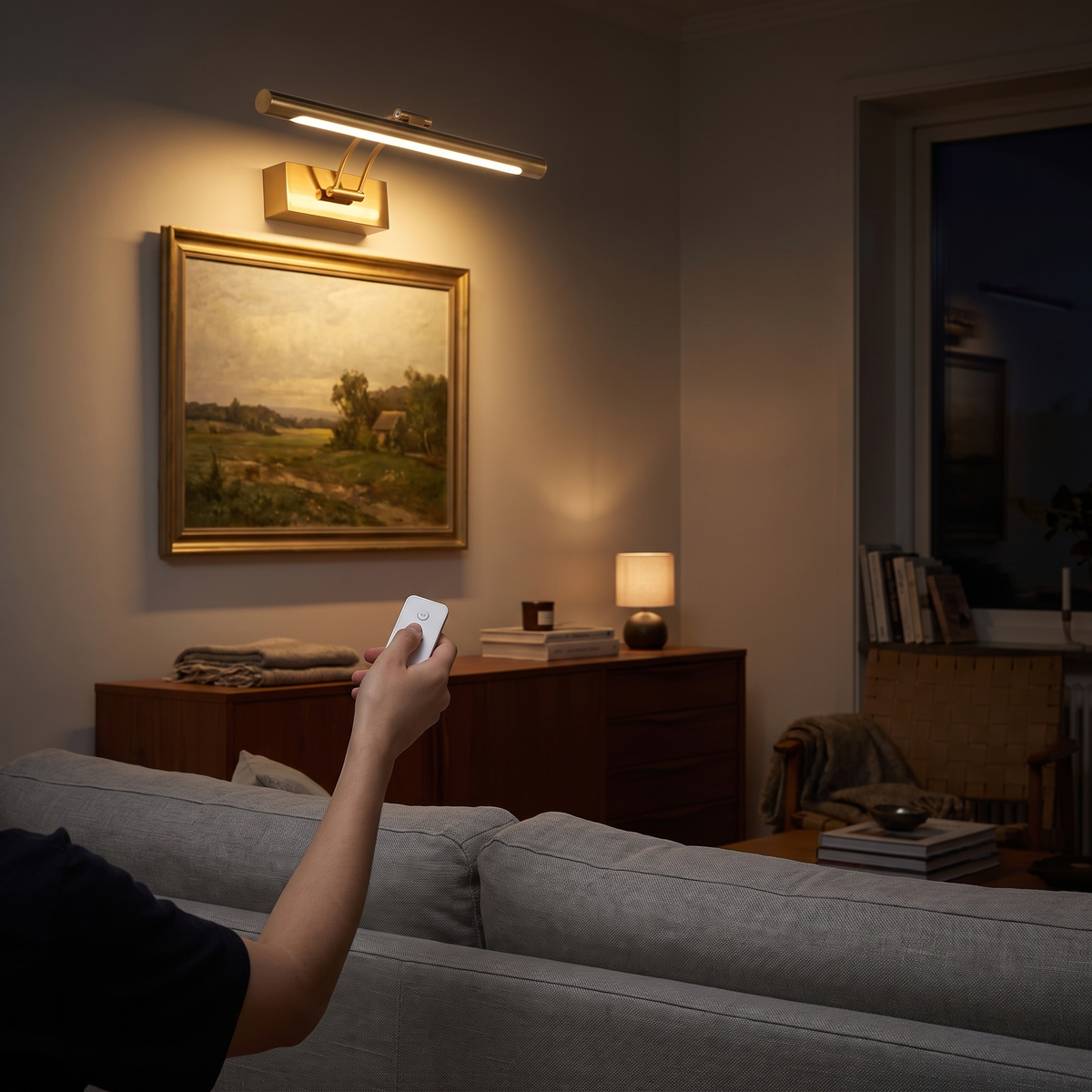 Fra sofaen: en hånd med fjernbetjeningen rettet mod Tela over billedet