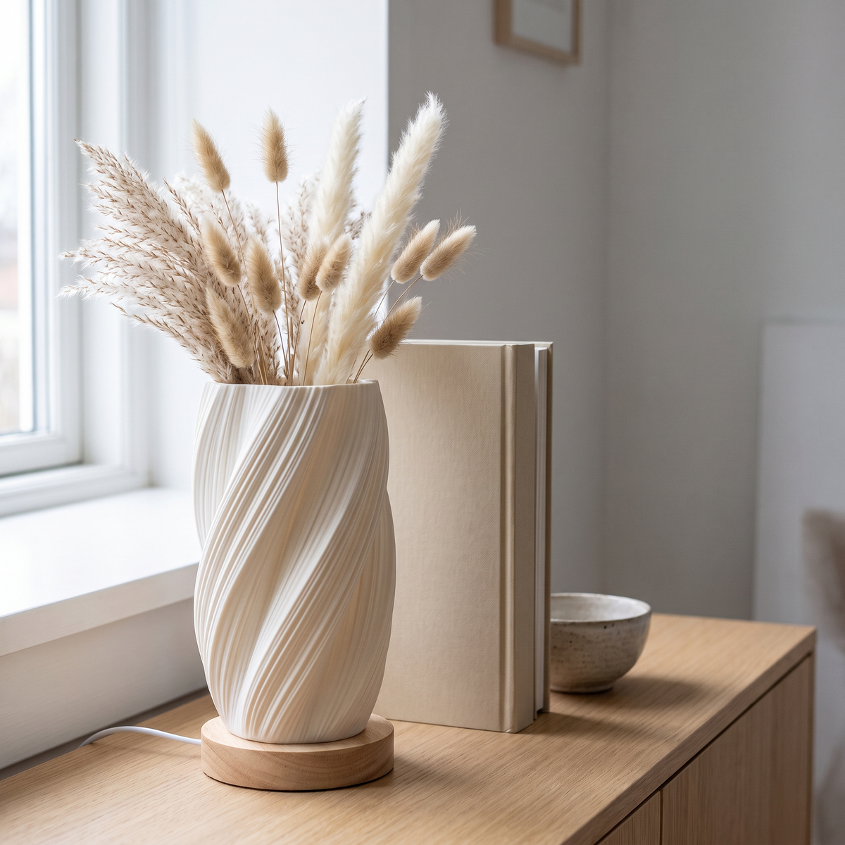 Sela slukket som vase om dagen, med tørret pampasgræs og harehale