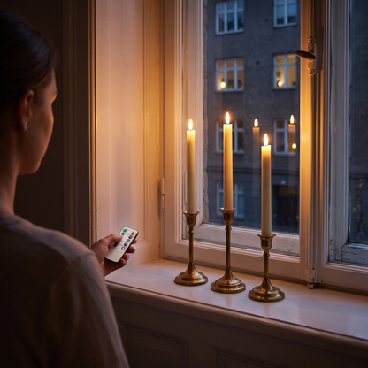 En hånd retter Velas fjernbetjening mod tre tændte kronelys i vinduet
