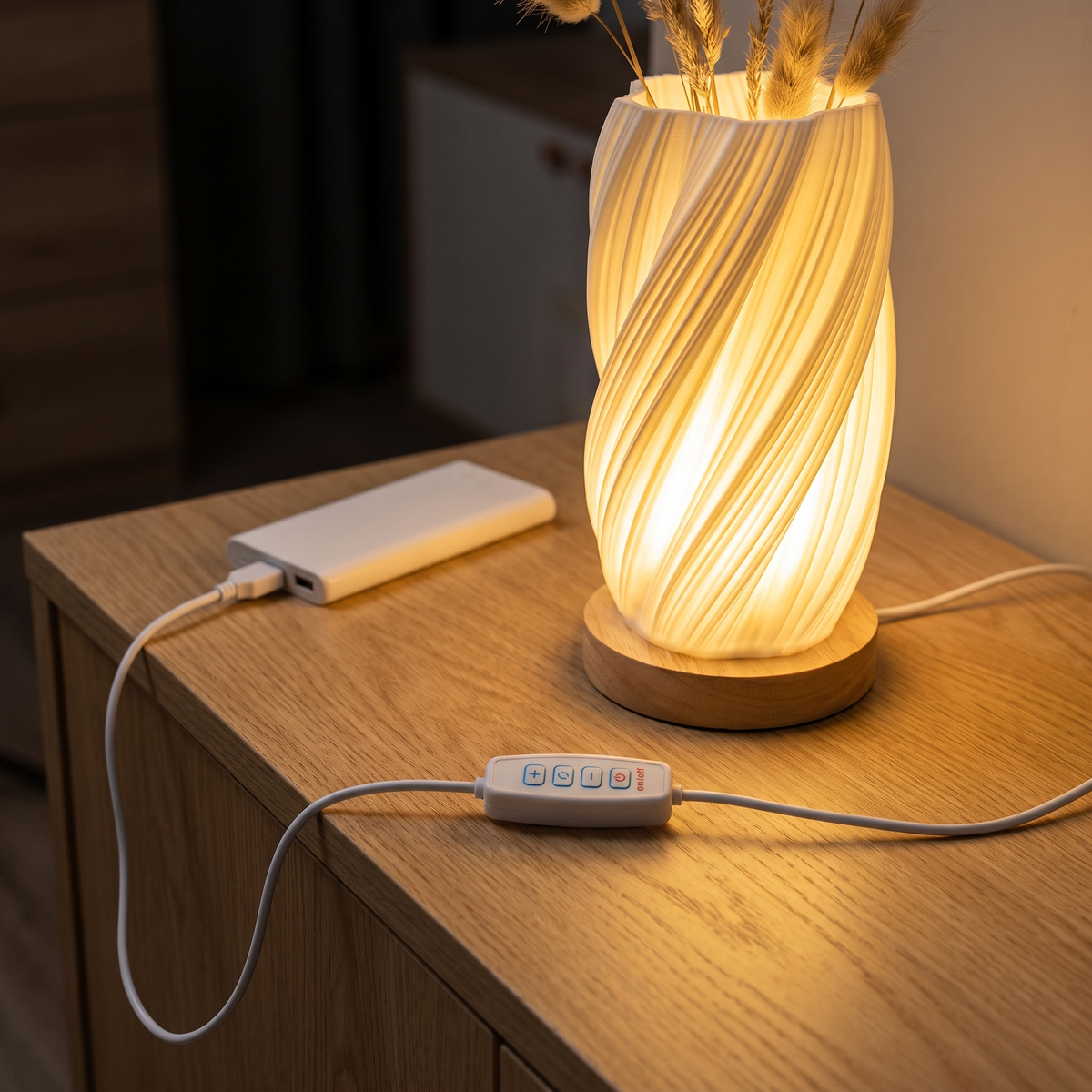 Selas ledning med betjeningspanelet, tilsluttet en powerbank