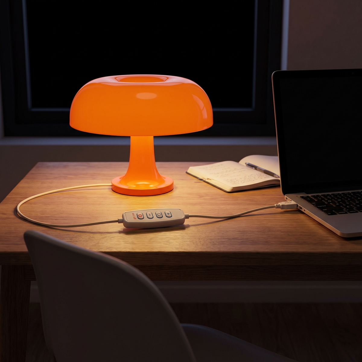 Sienna på et skrivebord med ledningen gennem knappanelet og ind i laptoppens USB-port