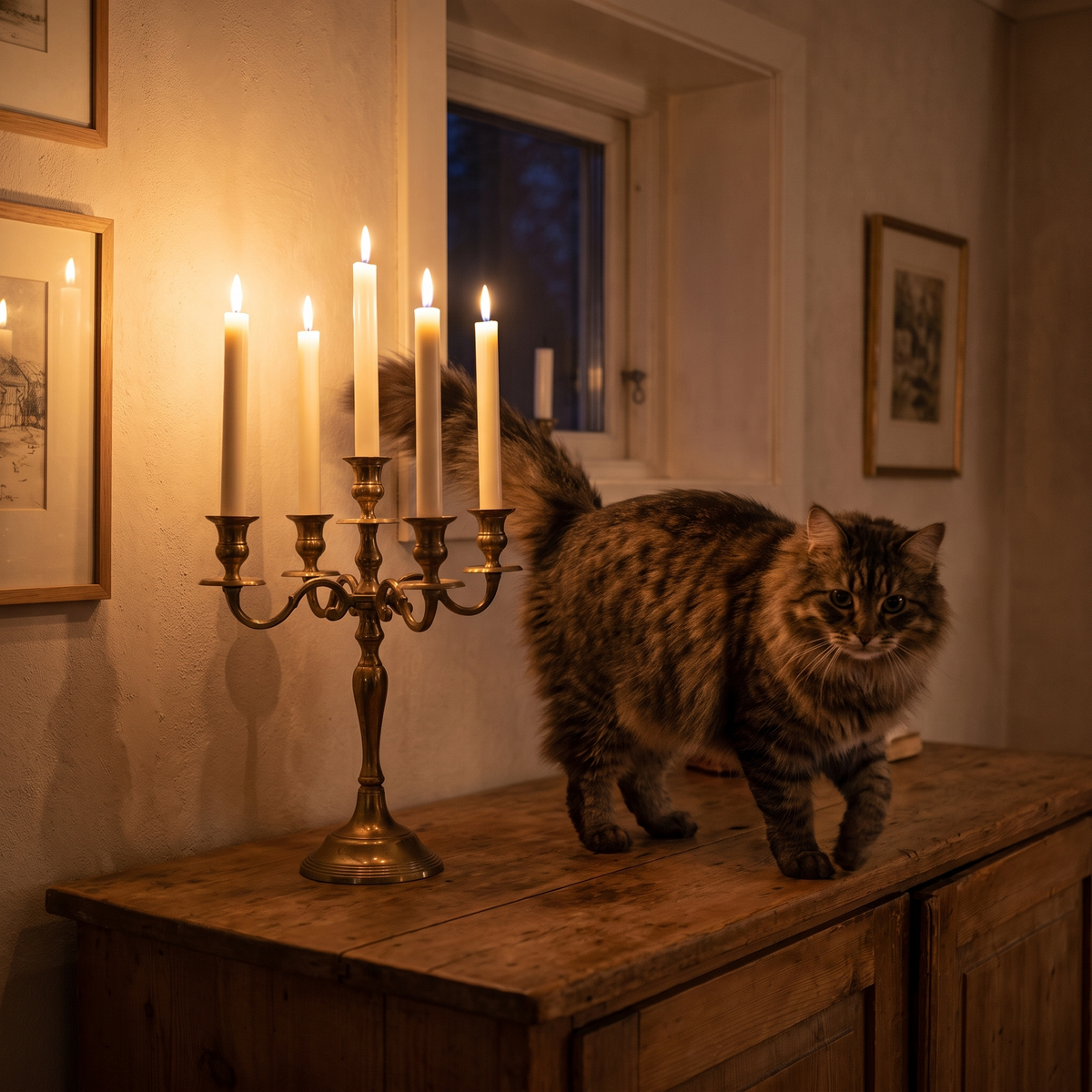 En kat går forbi en tændt kandelaber med Vela-kronelys på en skænk en decemberaften