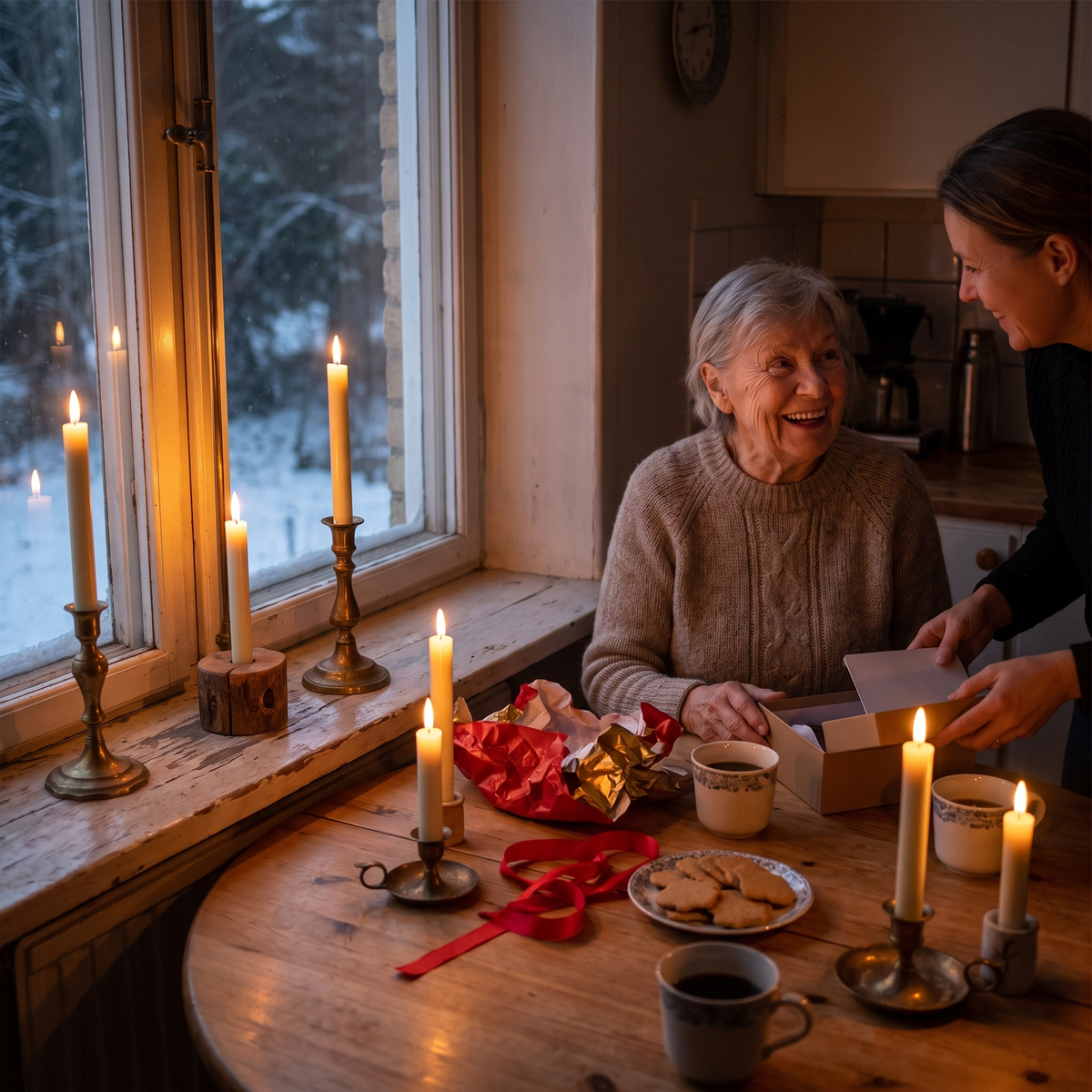 En ældre kvinde åbner en gave ved bordet i køkkenet, tændte Vela-kronelys i vinduet