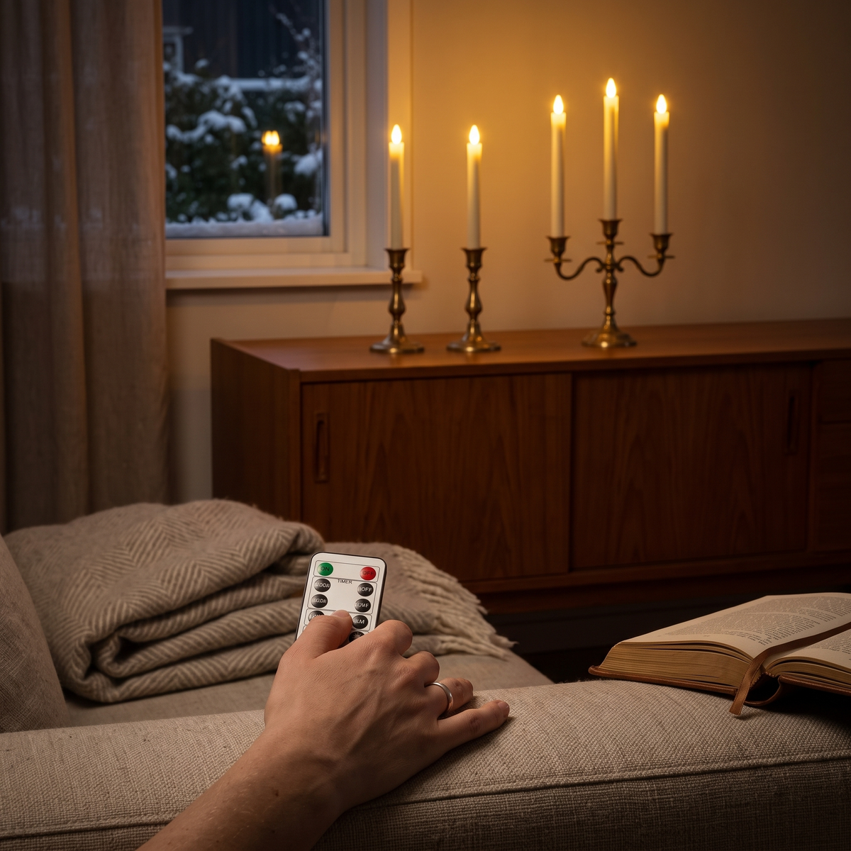 En hånd med Velas fjernbetjening i sofaen, tændte kronelys i stager på skænken ved vinduet